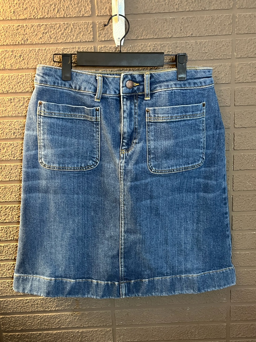 Boden Denim Skirt in Blue with Gold Stitching
